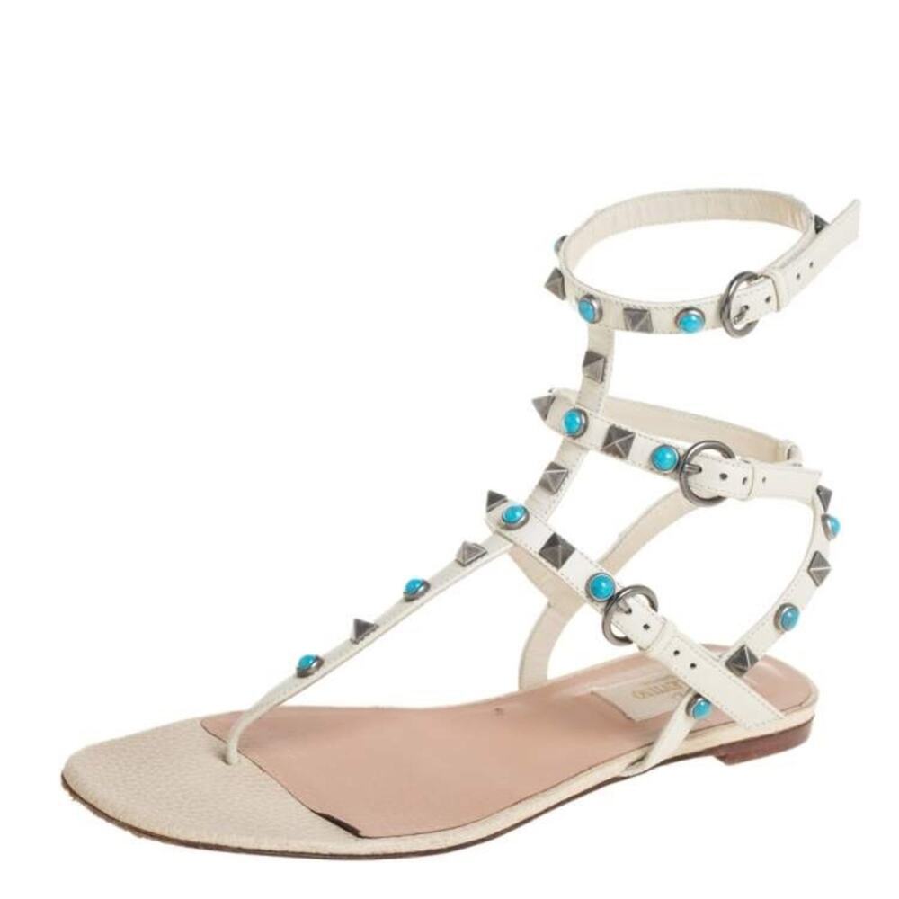 Valentino Garavani Rolling Rockstud Gladiator Sandals Ivory Turquoise Sz 36 / 6